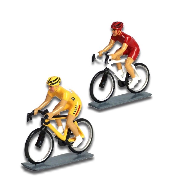 ensemble de 2 cyclistes contemporains : maillot jaune et maillot rouge