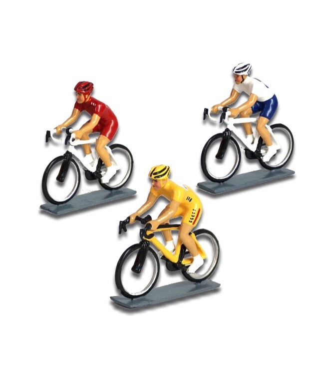 ensemble de 3 cyclistes contemporains : maillot jaune, maillot rouge, maillot bleu et blanc