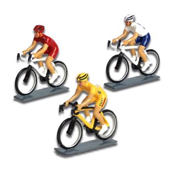 ensemble de 3 cyclistes contemporains : maillot jaune, maillot rouge, maillot bleu et blanc