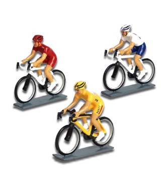 ensemble de 3 cyclistes contemporains : maillot jaune, maillot rouge, maillot bleu et blanc