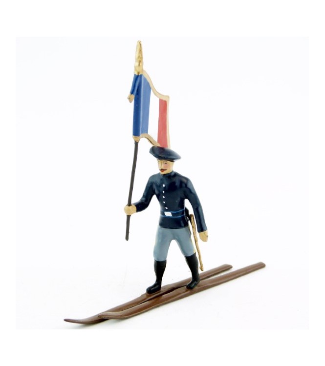 drapeau des chasseurs alpins en bleu horizon à skis