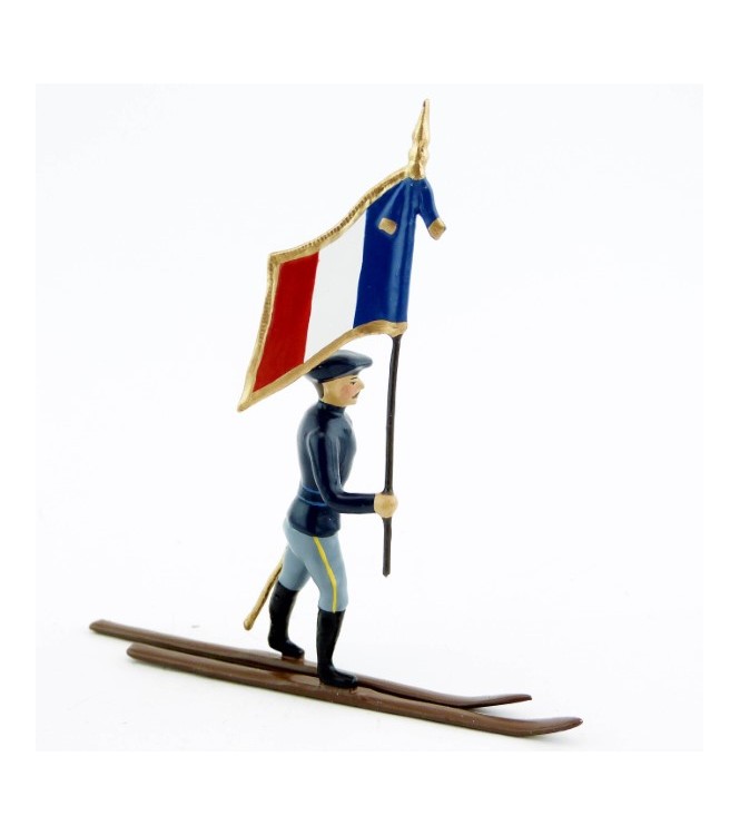 drapeau des chasseurs alpins en bleu horizon à skis