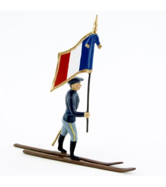drapeau des chasseurs alpins en bleu horizon à skis