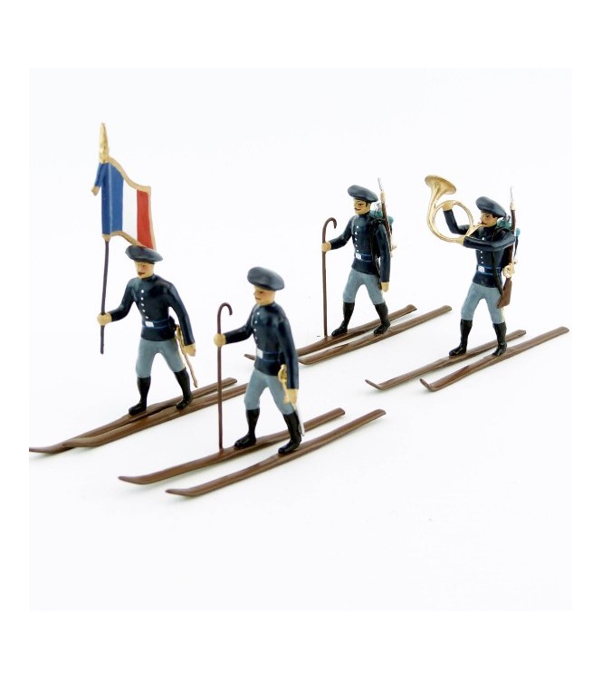 Chasseurs alpins en bleu, à skis - ensemble de 4 figurines