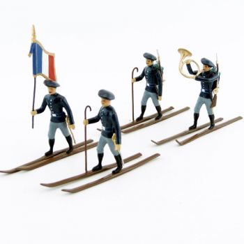 Chasseurs alpins en bleu, à skis - ensemble de 4 figurines