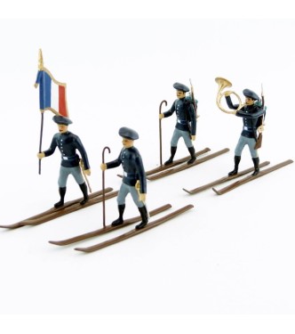Chasseurs alpins en bleu, à skis - ensemble de 4 figurines