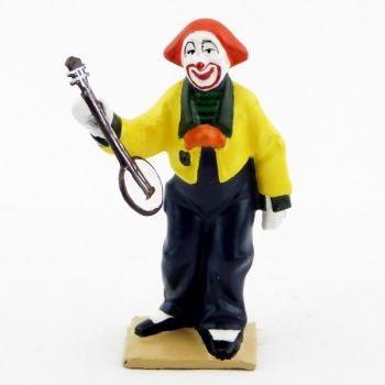 grand clown avec perruque jouant du banjo