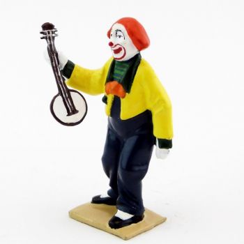 grand clown avec perruque jouant du banjo