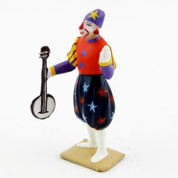 grand clown avec chapeau, jouant du banjo