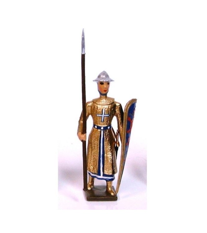 croisé, cotte dorée, casque plat, avec lance et bouclier "lion"