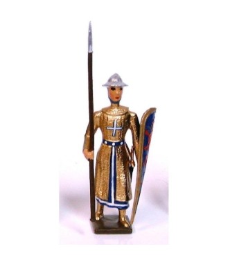 croisé, cotte dorée, casque plat, avec lance et bouclier "lion"