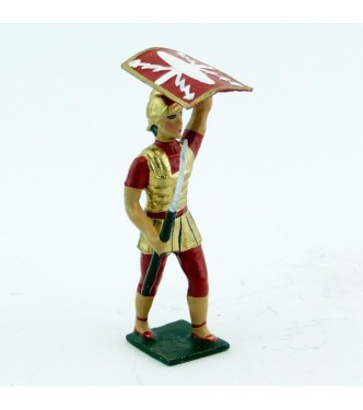 romain de la tortue, avec bouclier en l'air et pilum en avant