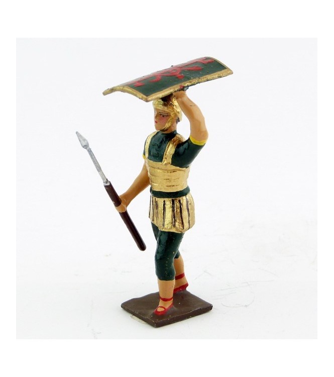 romain de la tortue, avec bouclier en l'air et pilum en avant