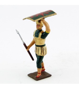 romain de la tortue, avec bouclier en l'air et pilum en avant