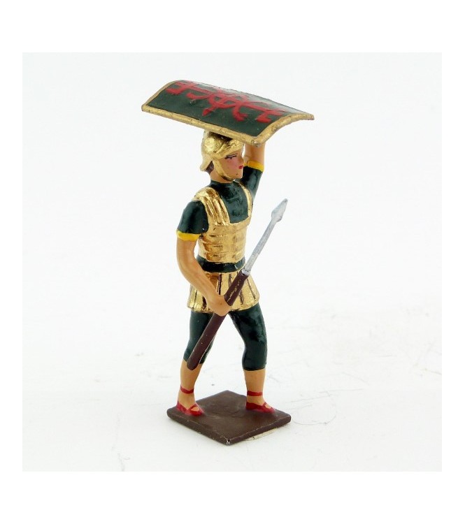 romain de la tortue, avec bouclier en l'air et pilum en avant