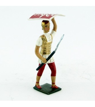 romain de la tortue, avec bouclier en l'air et pilum en avant