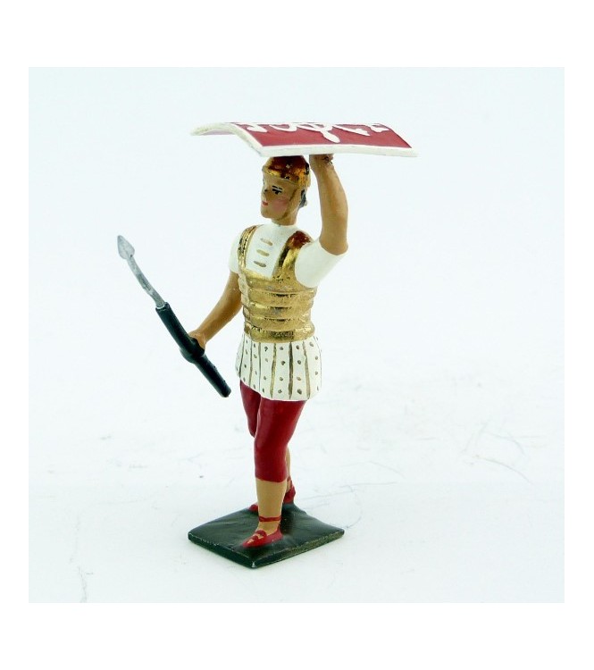 romain de la tortue, avec bouclier en l'air et pilum en avant