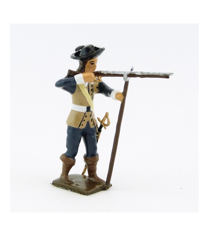mousquetaire avec mousquet en joue posé sur porte-mousquet (tenue bleu foncé)
