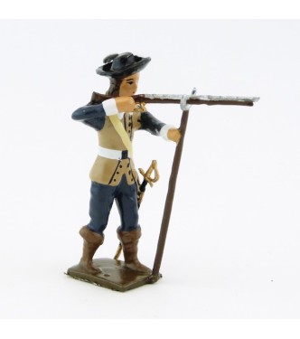 mousquetaire avec mousquet en joue posé sur porte-mousquet (tenue bleu foncé)