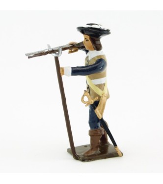 mousquetaire avec mousquet en joue posé sur porte-mousquet (tenue bleu foncé)
