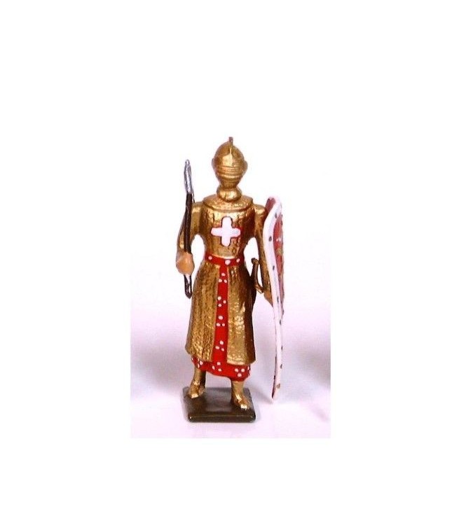 croisé, cotte dorée, casque fermé, avec hache et bouclier "lion"