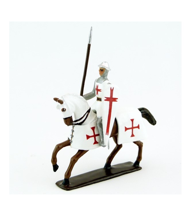 Templier à cheval, casque plat, lance et bouclier, sur cheval alezan
