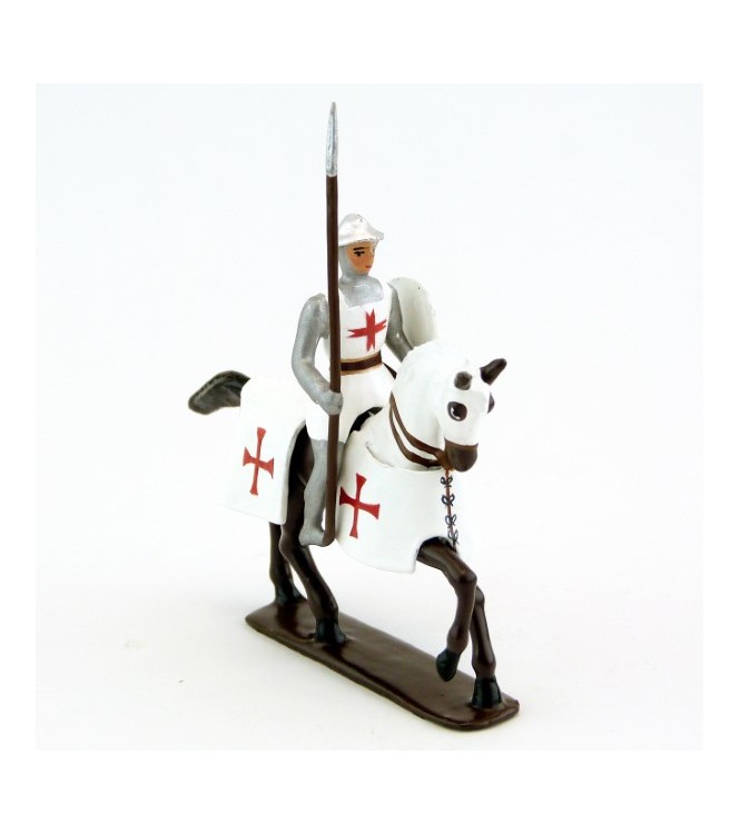 Templier à cheval, casque plat, lance et bouclier sur cheval bai (marron)