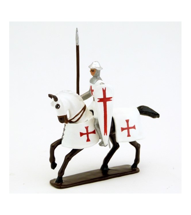 Templier à cheval, casque plat, lance et bouclier sur cheval bai (marron)
