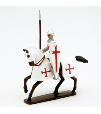 Templier à cheval, casque plat, lance et bouclier sur cheval bai (marron)