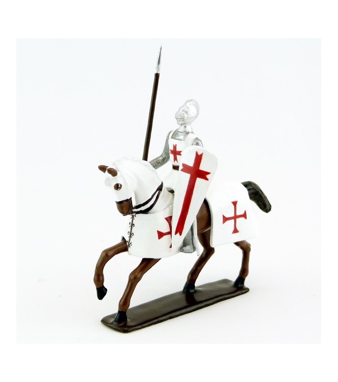 Templier, casque bassinet, lance et bouclier, sur cheval alezan