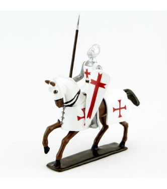 Templier, casque bassinet, lance et bouclier, sur cheval alezan