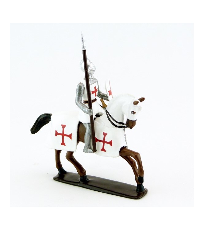 Templier, casque bassinet, lance et bouclier, sur cheval alezan