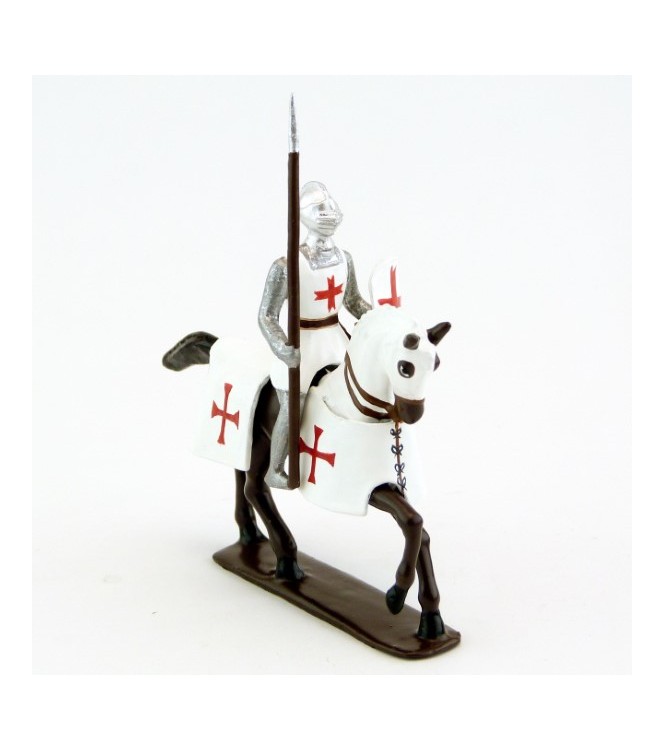 Templier, casque bassinet, lance et bouclier, sur cheval bai (marron)