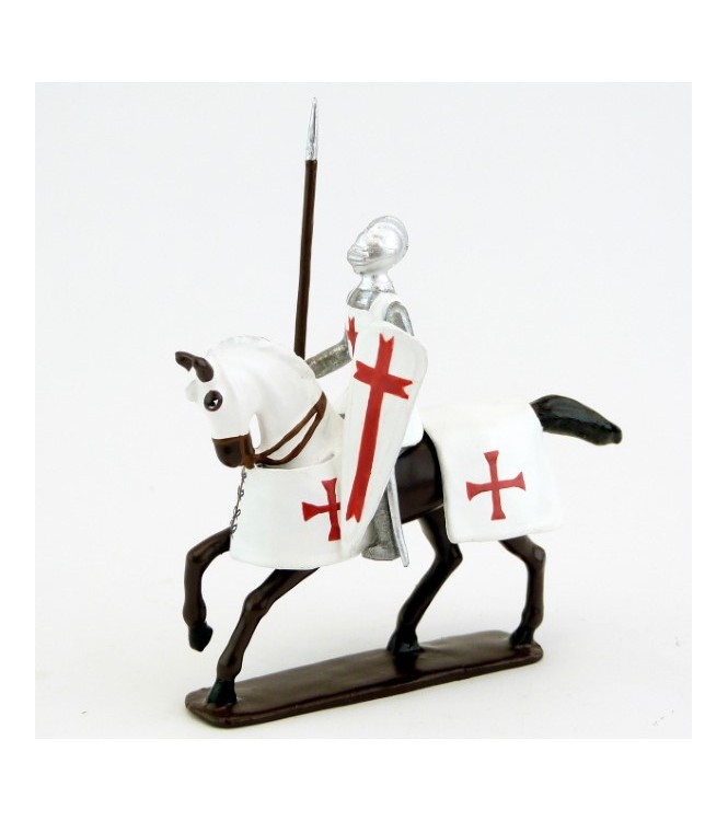 Templier, casque bassinet, lance et bouclier, sur cheval bai (marron)