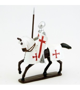 Templier, casque bassinet, lance et bouclier, sur cheval bai (marron)
