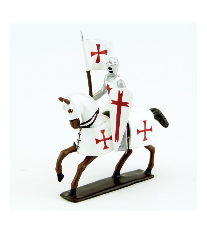 Templier à cheval, grand heaume, porte-banière sur cheval alezan