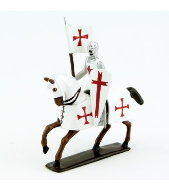 Templier à cheval, grand heaume, porte-banière sur cheval alezan