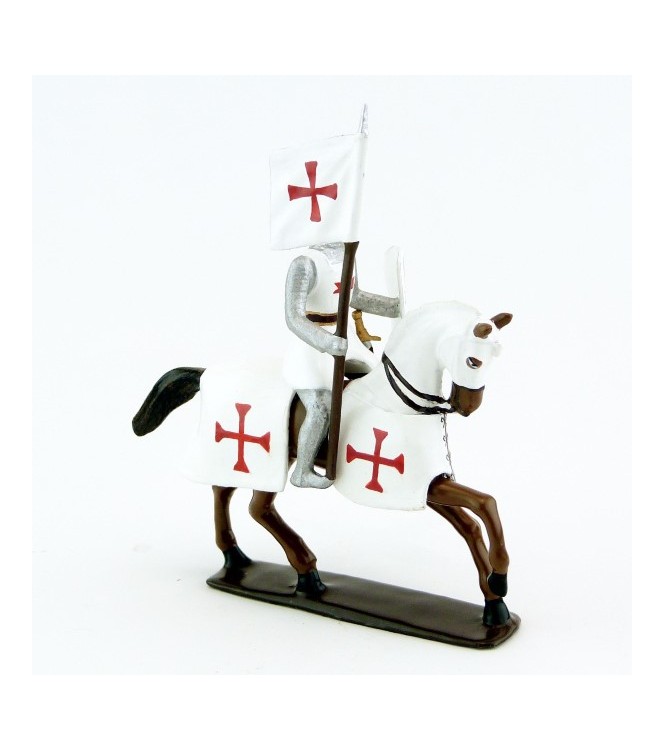 Templier à cheval, grand heaume, porte-banière sur cheval alezan