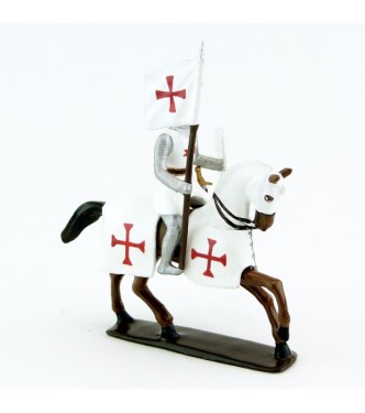 Templier à cheval, grand heaume, porte-banière sur cheval alezan
