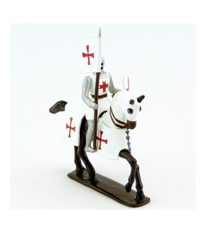 Templier à cheval, grand heaume, porte-banière sur cheval bai (marron)