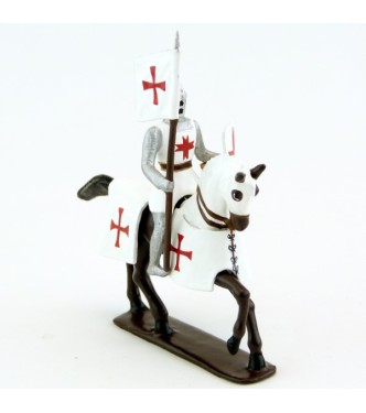 Templier à cheval, grand heaume, porte-banière sur cheval bai (marron)
