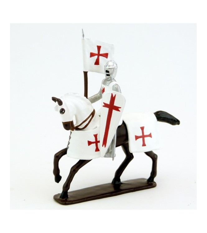 Templier à cheval, grand heaume, porte-banière sur cheval bai (marron)