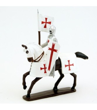 Templier à cheval, grand heaume, porte-banière sur cheval bai (marron)