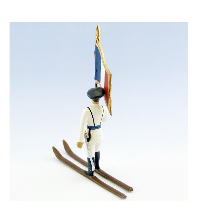 drapeau des chasseurs alpins en tenue d'hiver (blanc) à skis