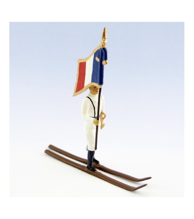 drapeau des chasseurs alpins en tenue d'hiver (blanc) à skis