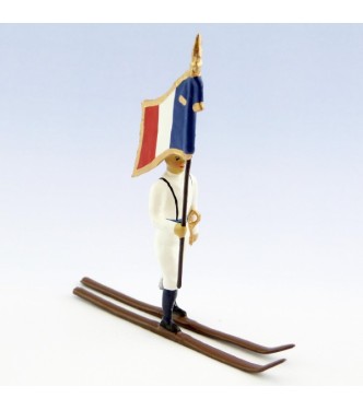 drapeau des chasseurs alpins en tenue d'hiver (blanc) à skis