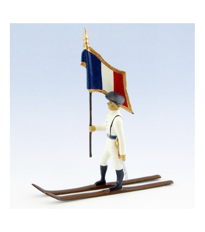 drapeau des chasseurs alpins en tenue d'hiver (blanc) à skis