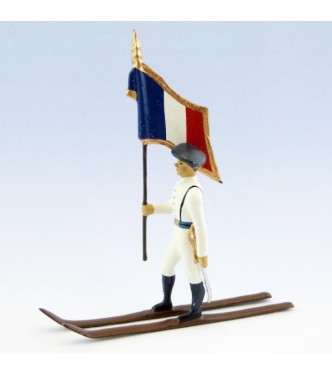 drapeau des chasseurs alpins en tenue d'hiver (blanc) à skis