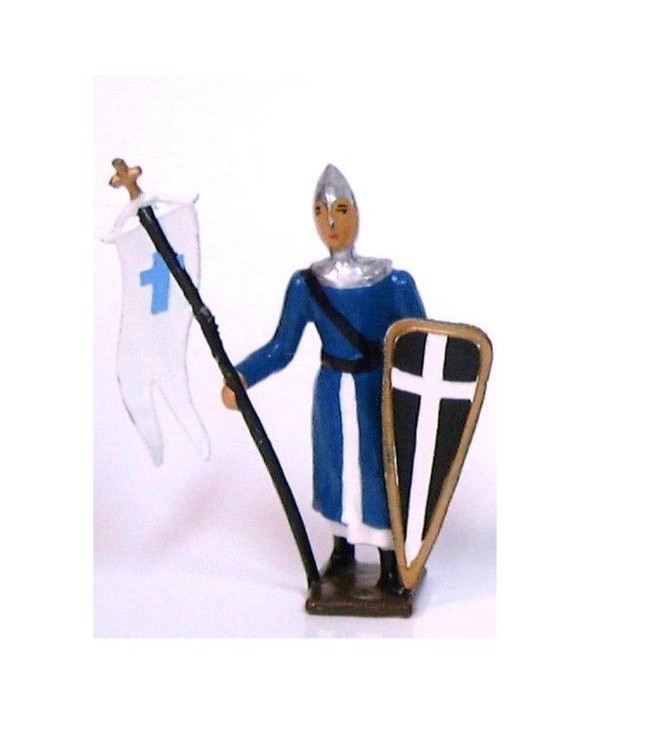 croisé, cotte bleue, casque pointu, avec drapeau et bouclier "croix"