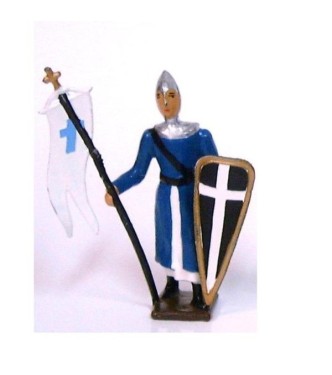 croisé, cotte bleue, casque pointu, avec drapeau et bouclier "croix"